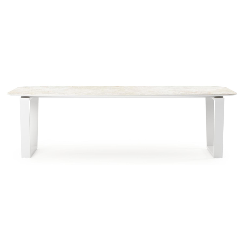 Table de jardin Pagino forme de bateau en aluminium blanc et céramique pleine Rapolano Lg. 255 x Lrg. 115 cm