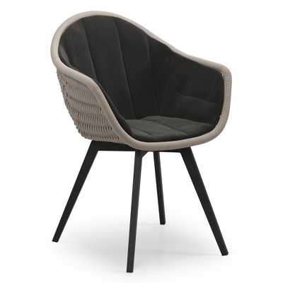 Pagino tuinstoel in zwart aluminium en beige verticaal geweven ronde rope met zitkussen in All Weather Sunbrella® Luxe Natte Sooty