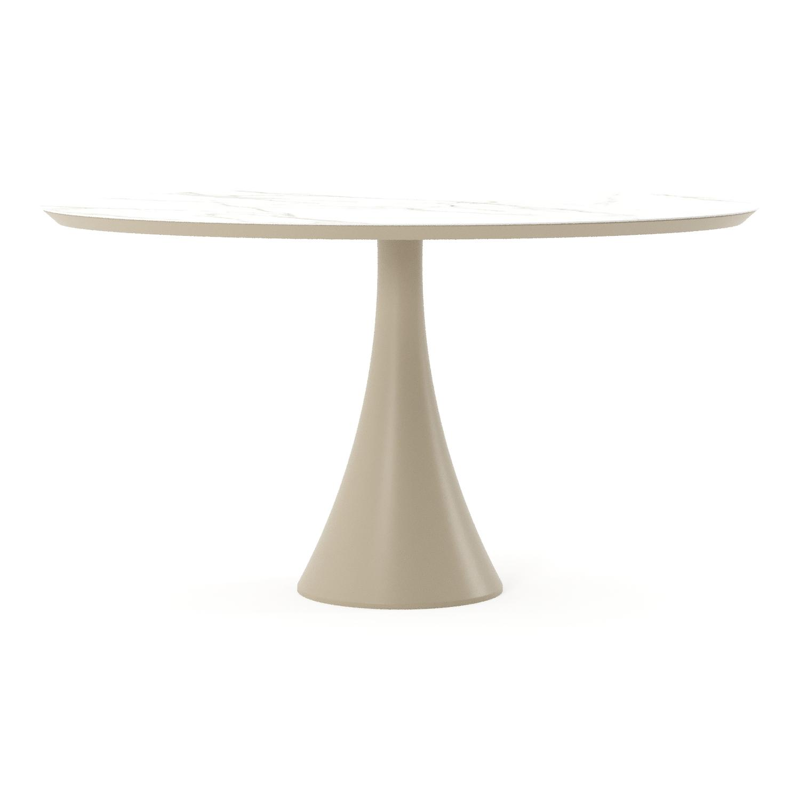 Table de jardin Fano oval en aluminium beige et céramique pleine Calacatta - Lg. 140 x Lrg. 80 x Haut. 75 cm