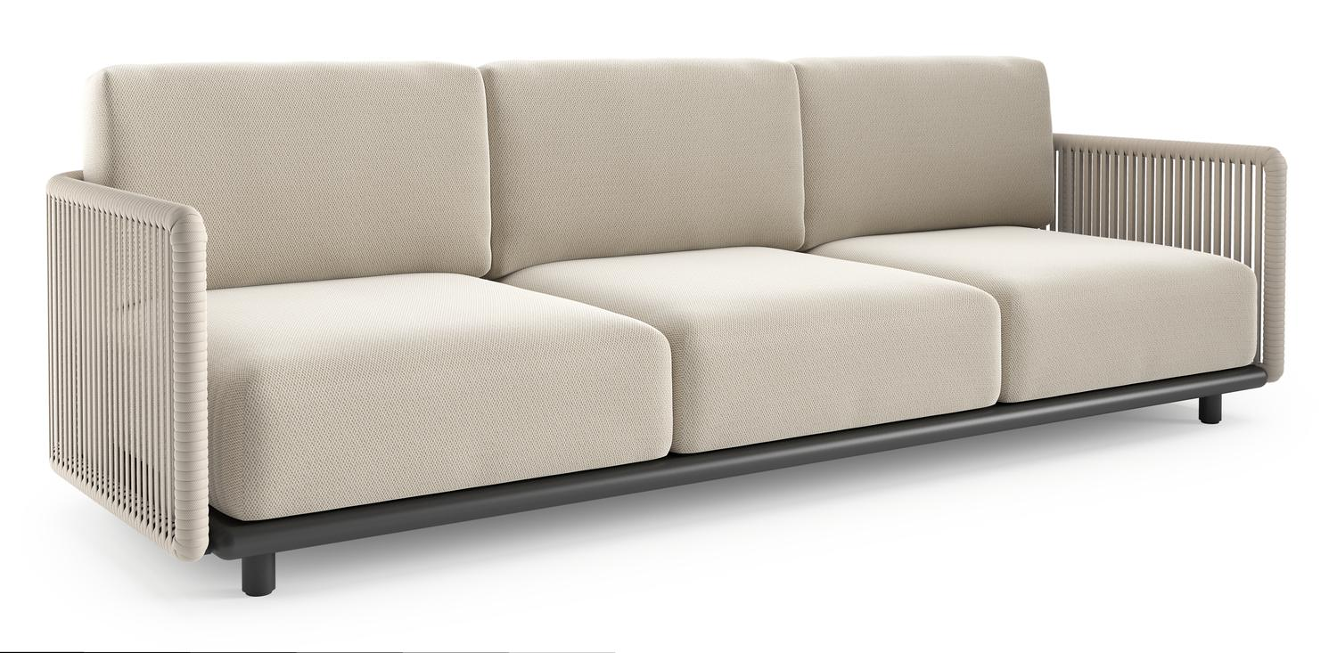 Organo loungebank in zwart aluminium en beige verticaal geweven luxe vlakke rope met lopi marble all weather Sunbrella® luxe kussen