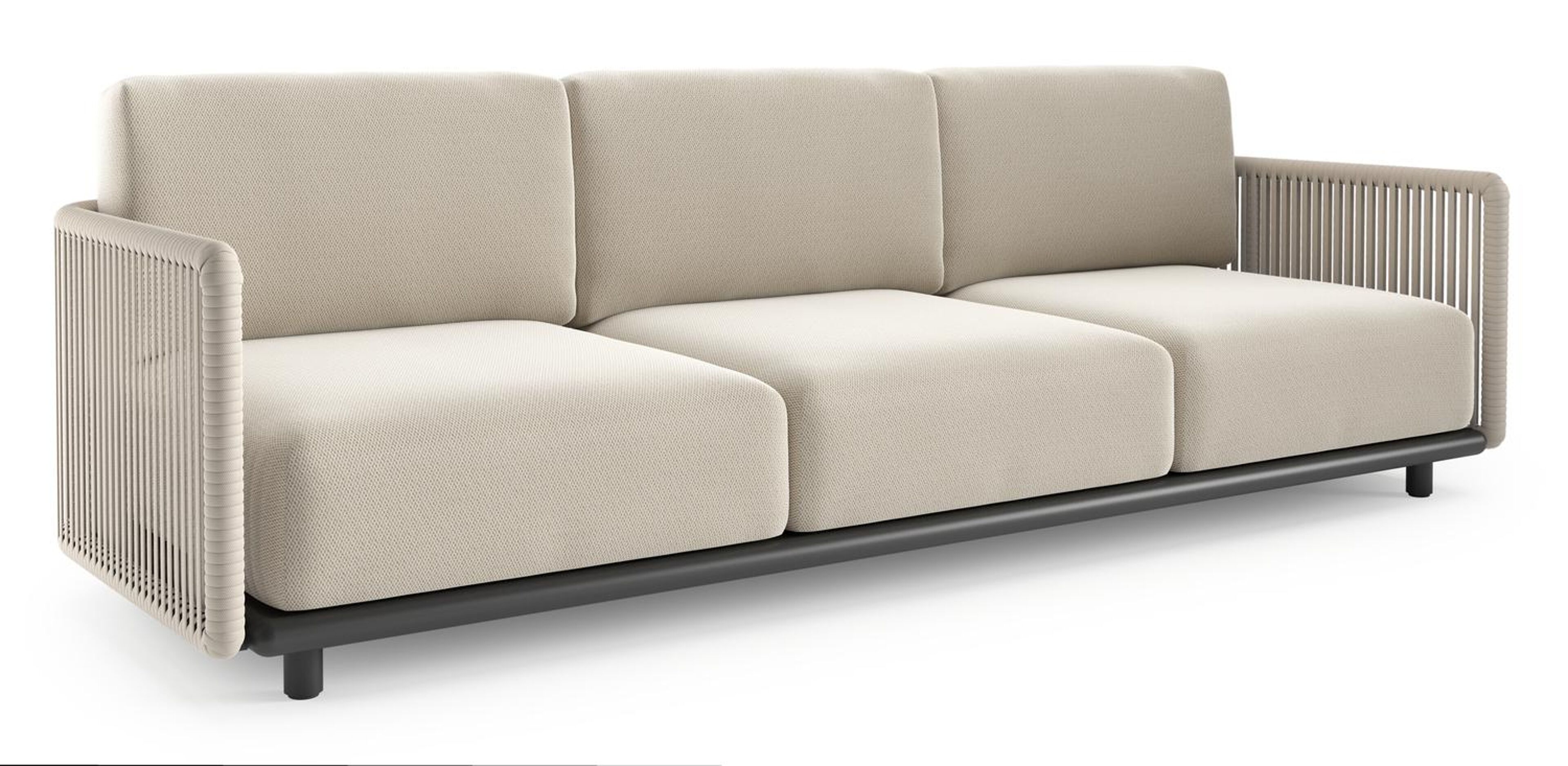 Organo loungebank in zwart aluminium en beige verticaal geweven luxe vlakke rope met lopi marble all weather Sunbrella® luxe kussen