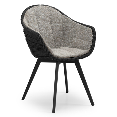 Pagino tuinstoel in zwart aluminium en zwart ronde wicker met zitkussen in All Weather Sunbrella® Luxe Tundra Pepper