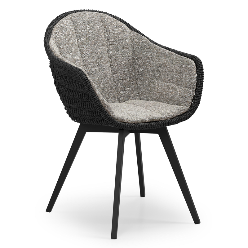 Pagino tuinstoel in zwart aluminium en zwart ronde wicker met zitkussen in All Weather Sunbrella® Luxe Tundra Pepper