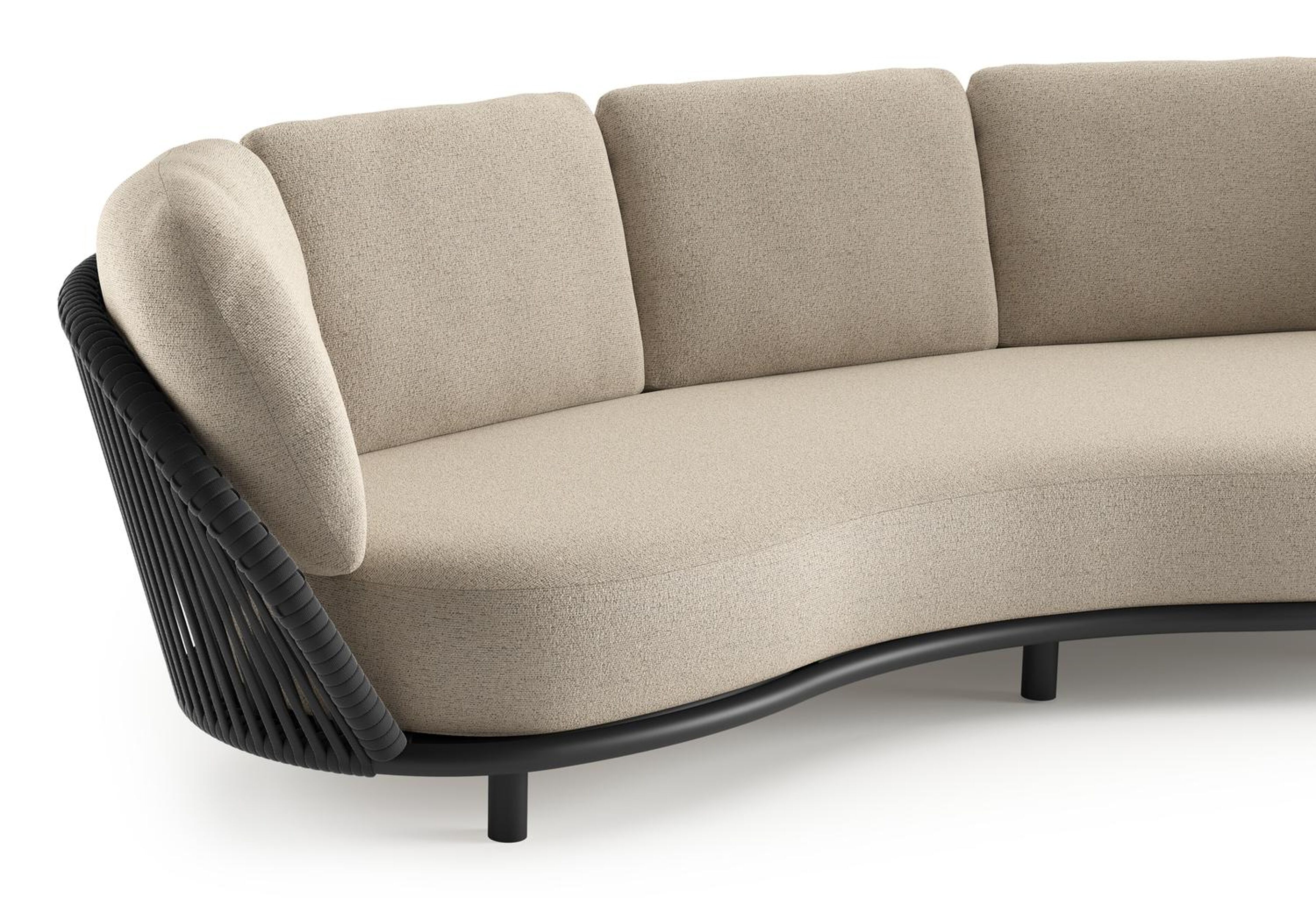 Lupino loungebank in zwart aluminium en zwart verticaal geweven luxe vlakke brede rope met marbella beige all weather cosytica kussen