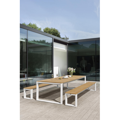 Table de jardin Verato en aluminium blanc et teck - Lg 280 x Larg. 110 x H 76.5 cm