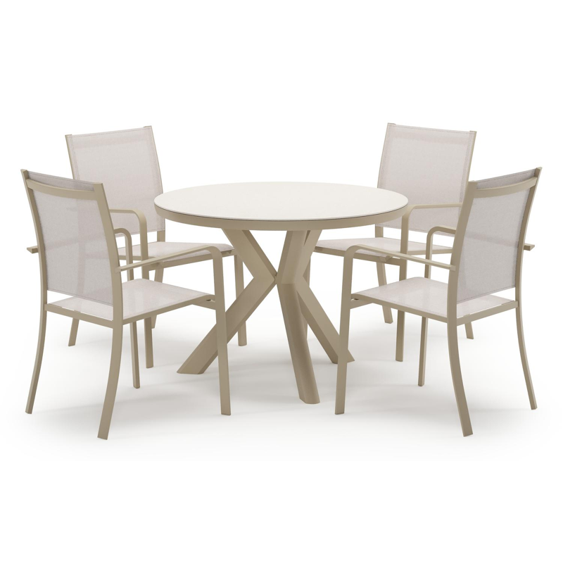 Pamplona tuinset in beige aluminium en crema minerale sintered stone met 4 stapelbare Calobra tuinstoelen