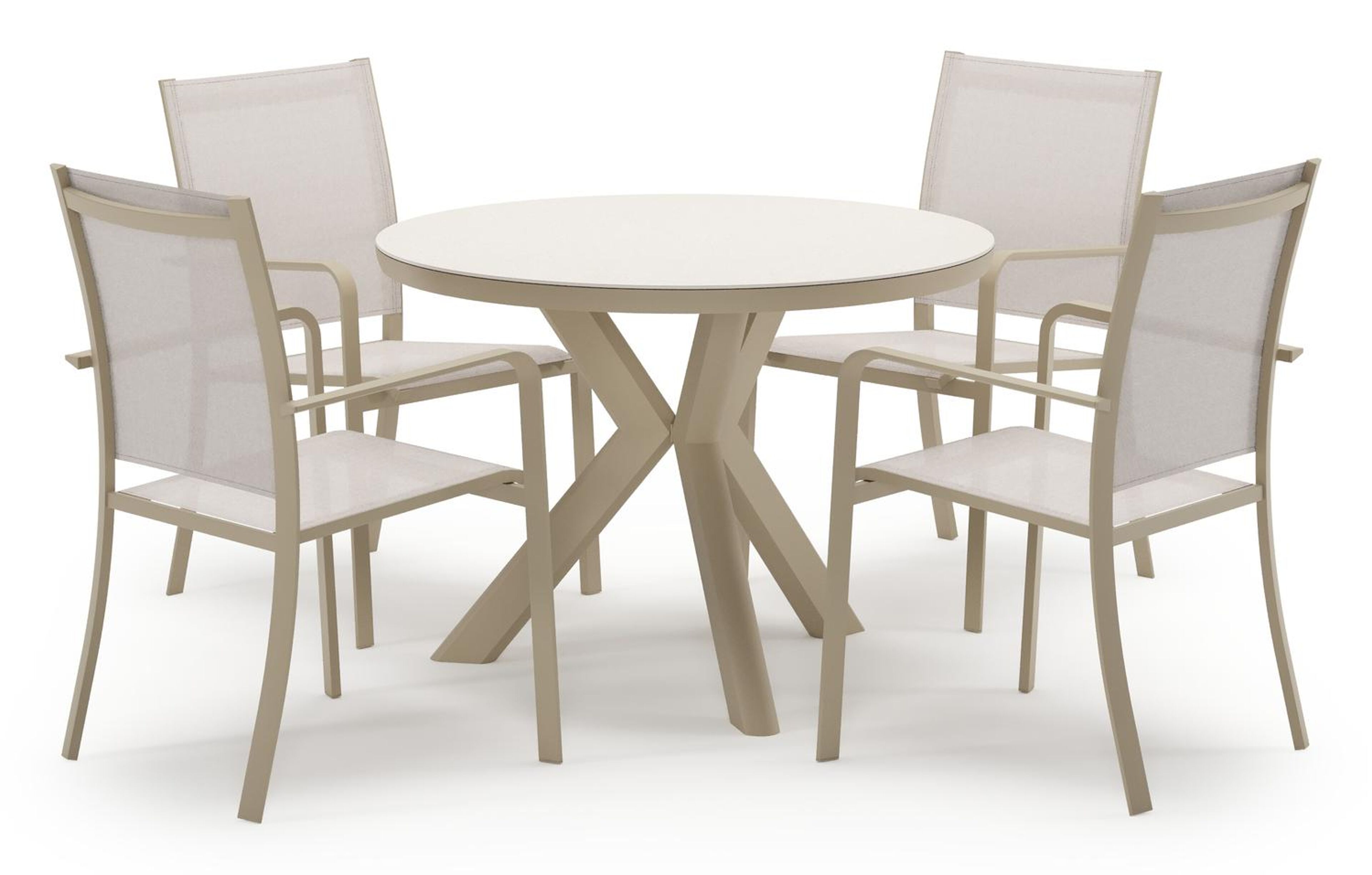 Pamplona tuinset in beige aluminium en crema minerale sintered stone met 4 stapelbare Calobra tuinstoelen