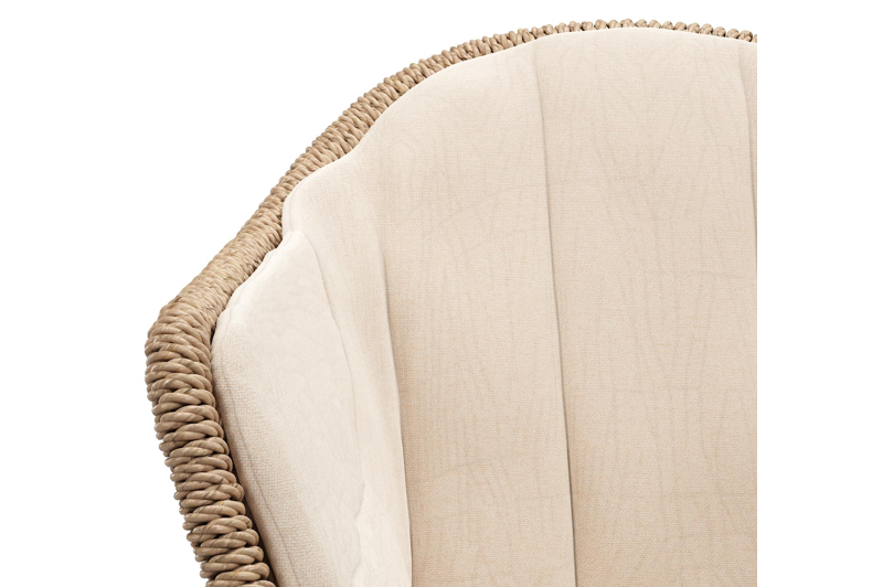 Pagino tuinstoel in wit aluminium en naturel ronde wicker met zitkussen in All Weather Sunbrella® Luxe Natte Linen Chalk