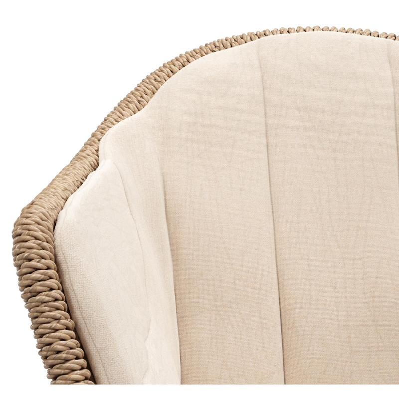 Pagino tuinstoel in wit aluminium en naturel ronde wicker met zitkussen in All Weather Sunbrella® Luxe Natte Linen Chalk