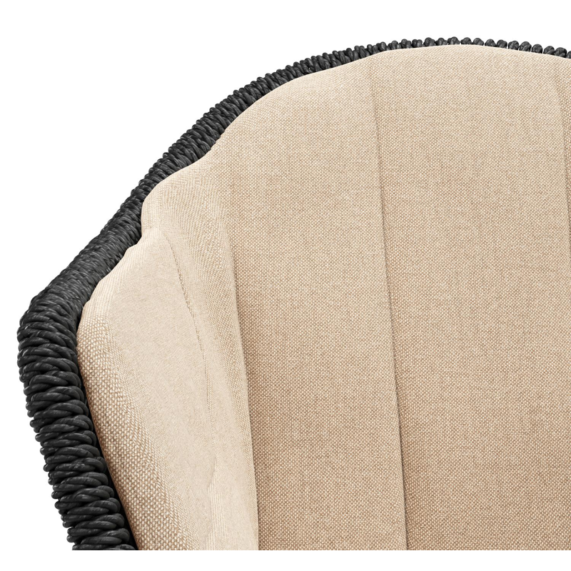 Pagino tuinstoel in zwart aluminium en zwart ronde wicker met zitkussen in All Weather Sunbrella® Luxe Natte Heather Beige