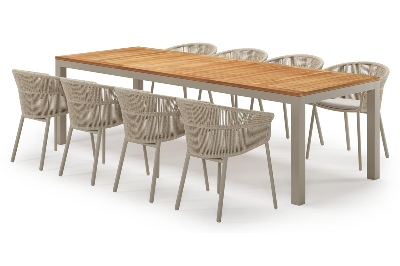 Varese rechthoekige tuinset in beige aluminium en teak colour finish met 8 Matera tuinstoelen