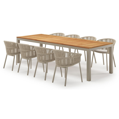 Varese rechthoekige tuinset in beige aluminium en teak colour finish met 8 Matera tuinstoelen
