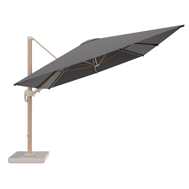 Parasol pendant Rufina avec fonction tilt en aluminium aspect de bois et toile de parasol en All Weather Solica Firenze Tunder - Lg.1 400 x Lg.2 300 cm avec pied de parasol Lapido 160 kg