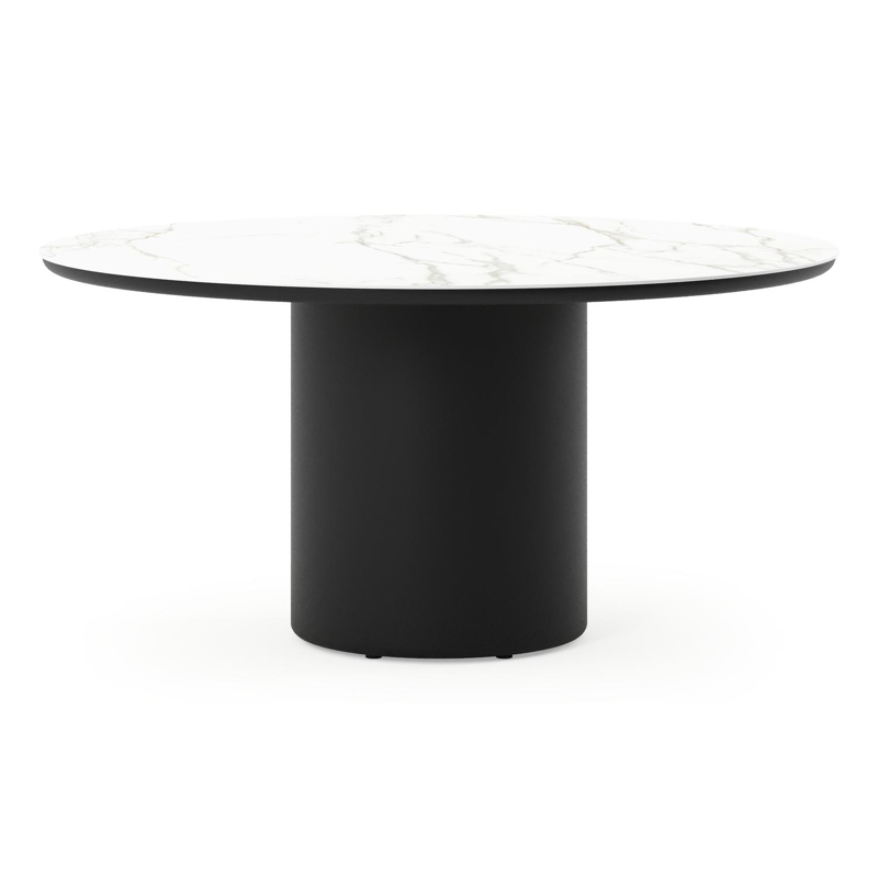 Table de jardin Amico rond en aluminium noir et céramique pleine Calacatta - Diam. 148 x Haut. 73.5 cm