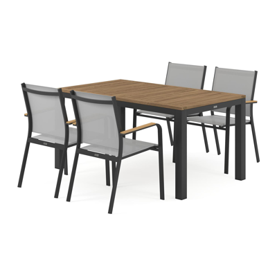 Varese tuinset in zwart aluminium en naturel teak tafelblad met 4 stapelbare Amalfi tuinstoelen