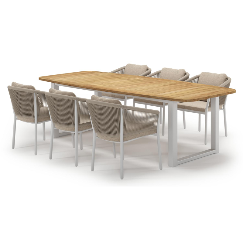 Livo tuinset in wit aluminium en teak met 6 Gerona tuinstoelen met kussen