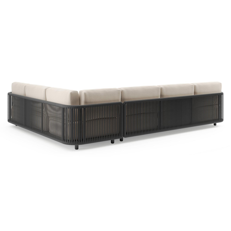 Salon de jardin d'angle Organo en aluminium noir et corde luxe plate tissée verticalement noir et coussin en all weather Sunbrella® luxe heritage ash