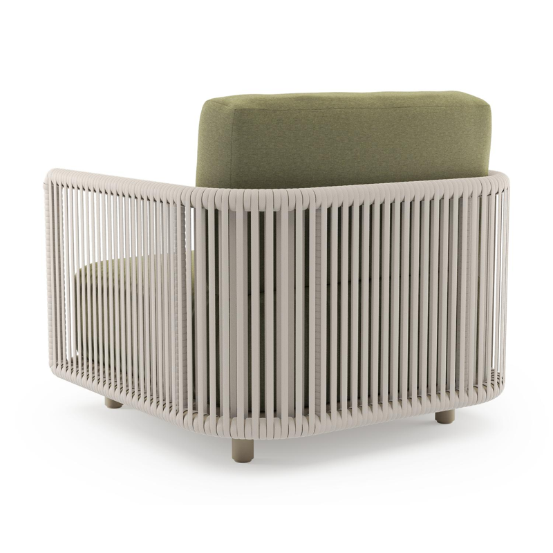 Fauteuil de jardin Organo en aluminium beige et corde luxe plate tissée verticalement beige et coussin en all weather Sunbrella® luxe heritage leaf