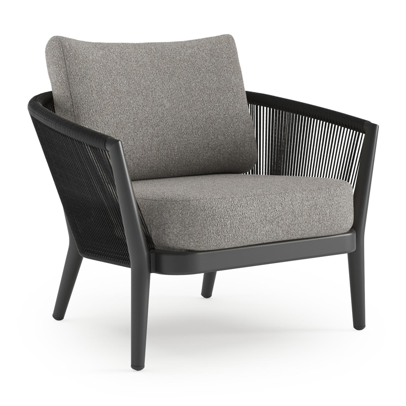 Orso loungestoel in zwart aluminium en zwart verticaal geweven ronde rope met Tundra Charcoal all weather sunbrella® luxe kussen