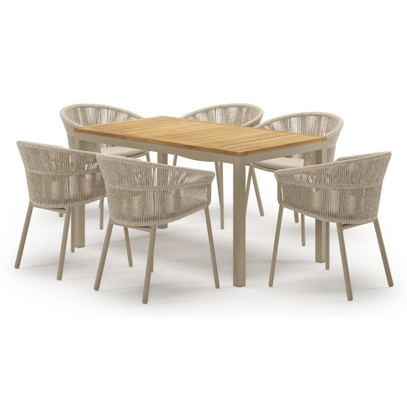 Feltro tuinset in beige aluminium en teak met 6 stapelbare Matera tuinstoelen