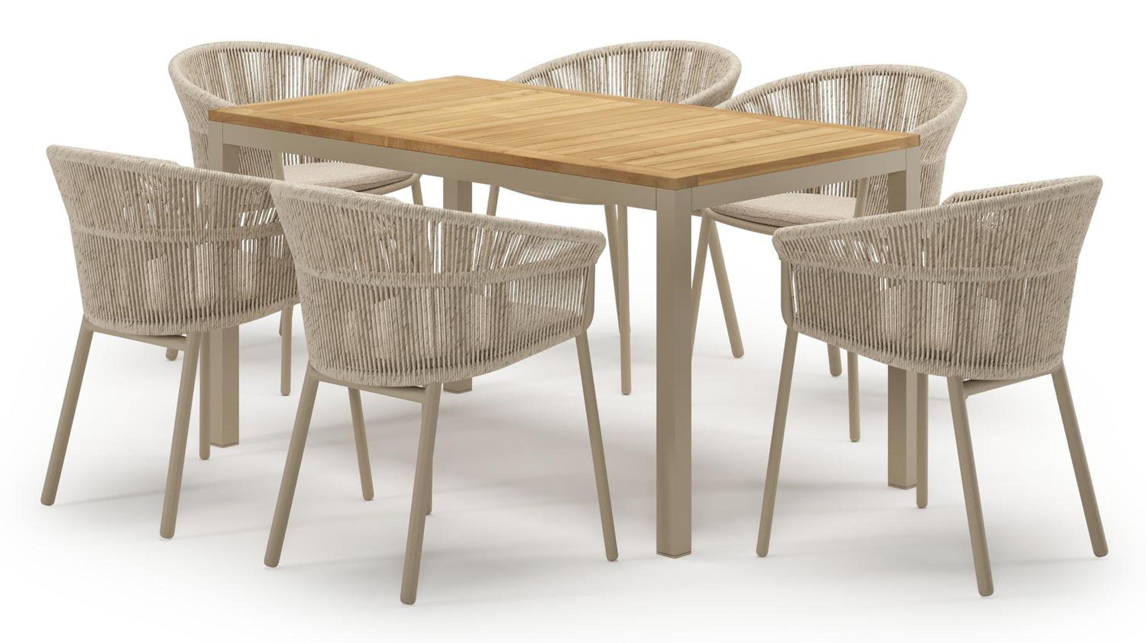 Feltro tuinset in beige aluminium en teak met 6 stapelbare Matera tuinstoelen