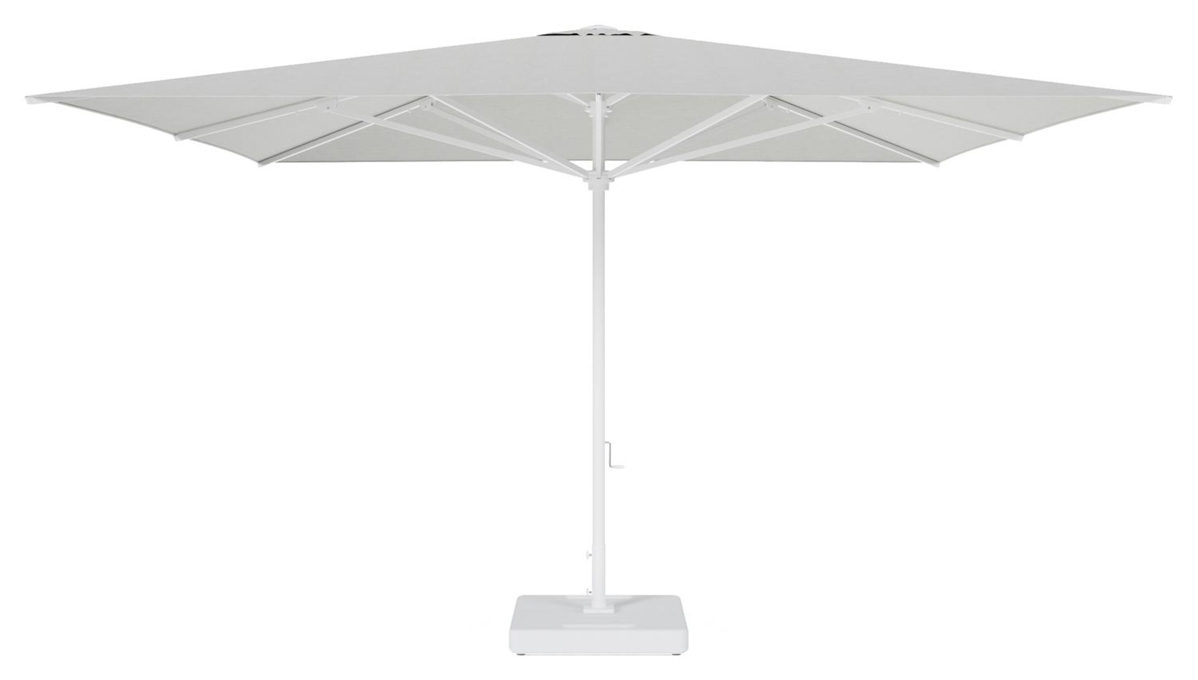 Parasol Solino en aluminium blanc avec toile de parasol en all weather sunbrella® premium gris - Lg.1 400 x Lg.2 400 cm avec pied de parasol Lapido 120 kg