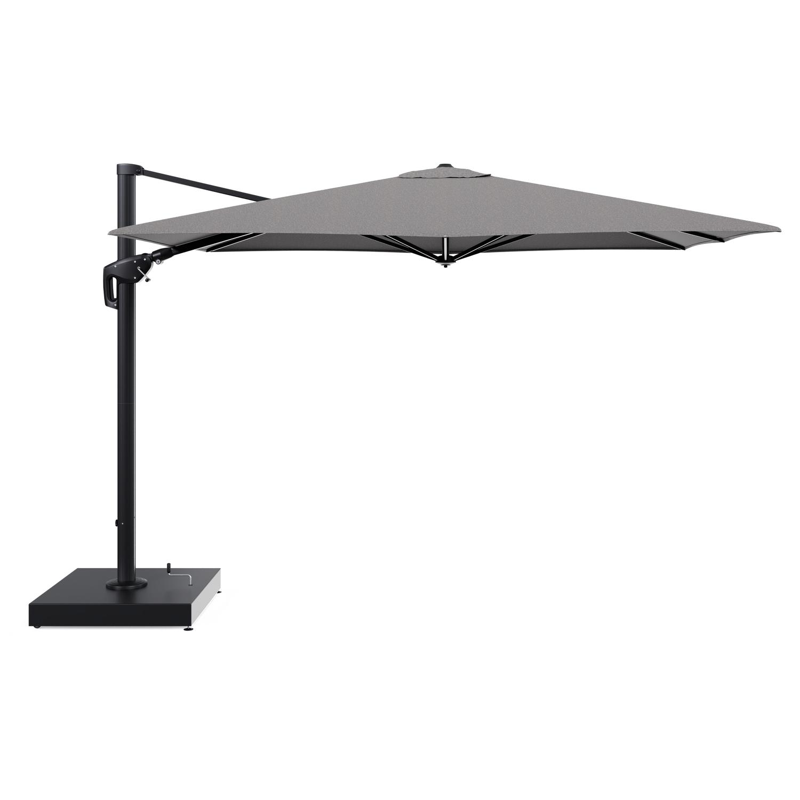 Minore zweefparasol met tiltfunctie in zwart aluminium en Chartres Drizzle All Weather Sunbrella® Luxe parasoldoek - L1 280 x L2: 370 cm met parasolvoet Minore 260 kg met wielen