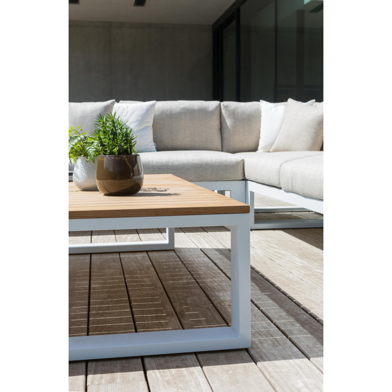 Table basse Verato en aluminium blanc et teck naturel - Lg 163 x larg. 88 x H 41 cm