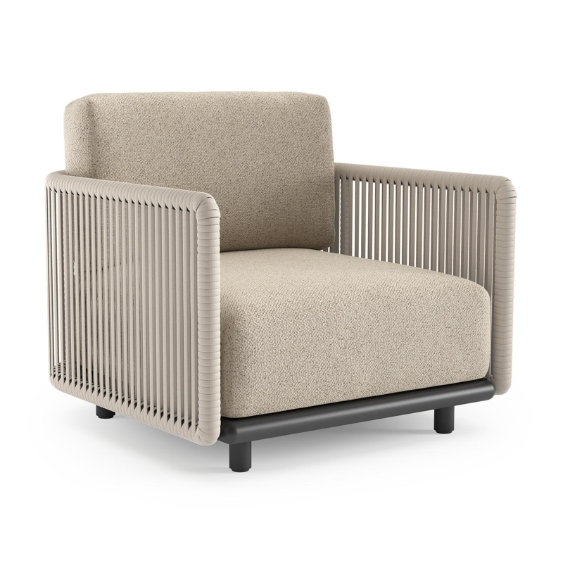 Organo loungestoel in zwart aluminium en beige verticaal geweven luxe vlakke rope met bora desert all weather Cosytica kussen