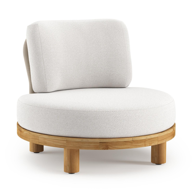 Donato loungestoel in teak en beige verticaal geweven ronde rope met all weather solica Soul Optik kussen