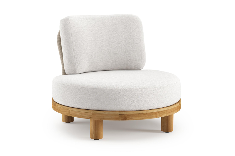 Donato loungestoel in teak en beige verticaal geweven ronde rope met all weather solica Soul Optik kussen