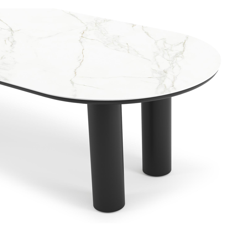 Table de jardin Organo oval en aluminium noir et céramique pleine Calacatta - Lg. 300 x Lrg. 110 x Haut. 74 cm