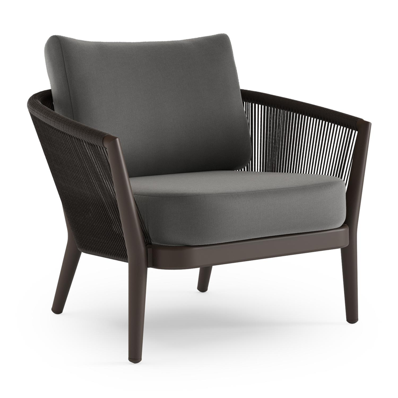 Orso loungestoel 1-zit in donkerbruin aluminium en donkerbruin verticaal geweven ronde rope met natte charcoal chine all weather sunbrella® luxe kussen