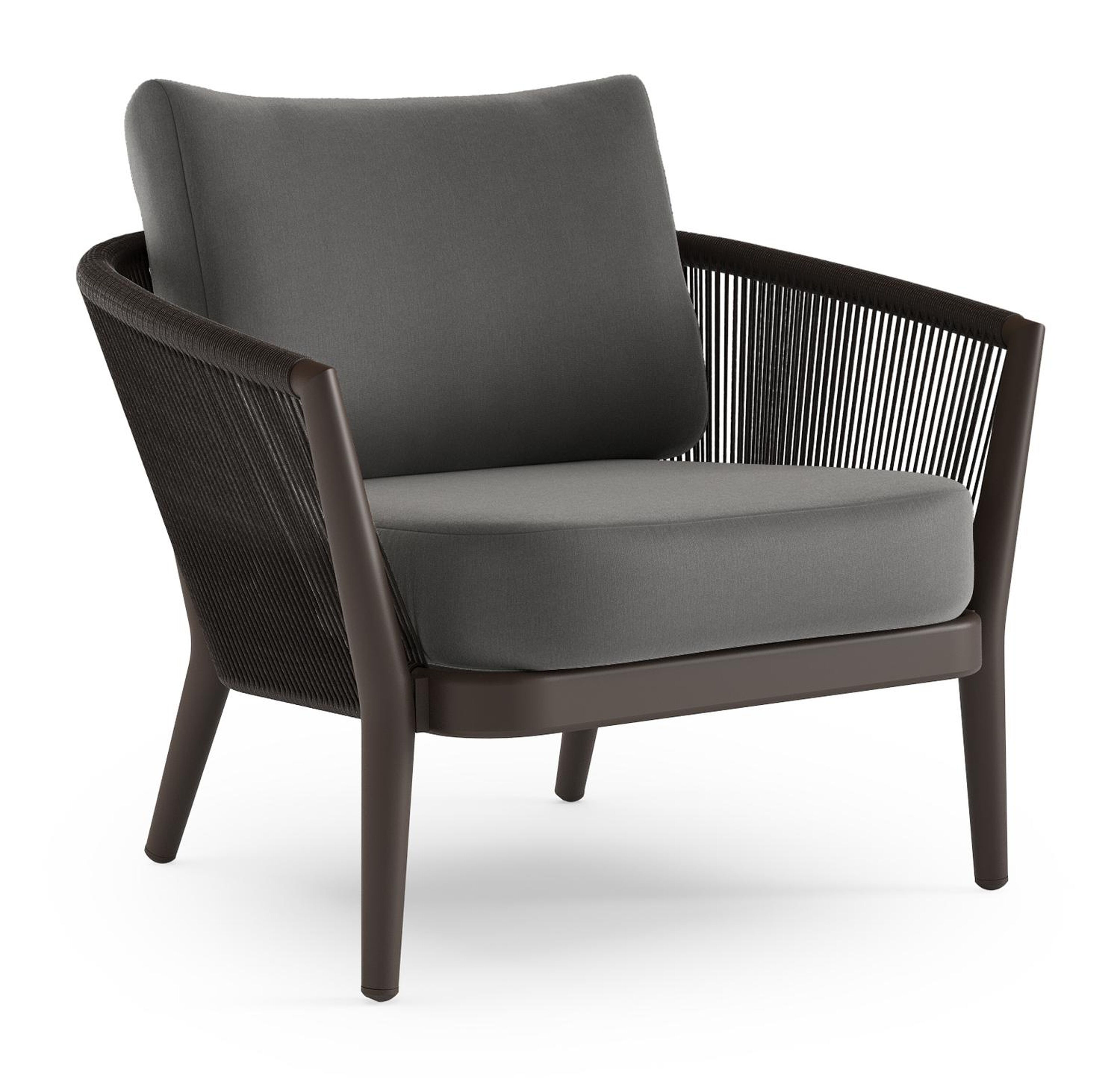 Orso loungestoel 1-zit in donkerbruin aluminium en donkerbruin verticaal geweven ronde rope met natte charcoal chine all weather sunbrella® luxe kussen