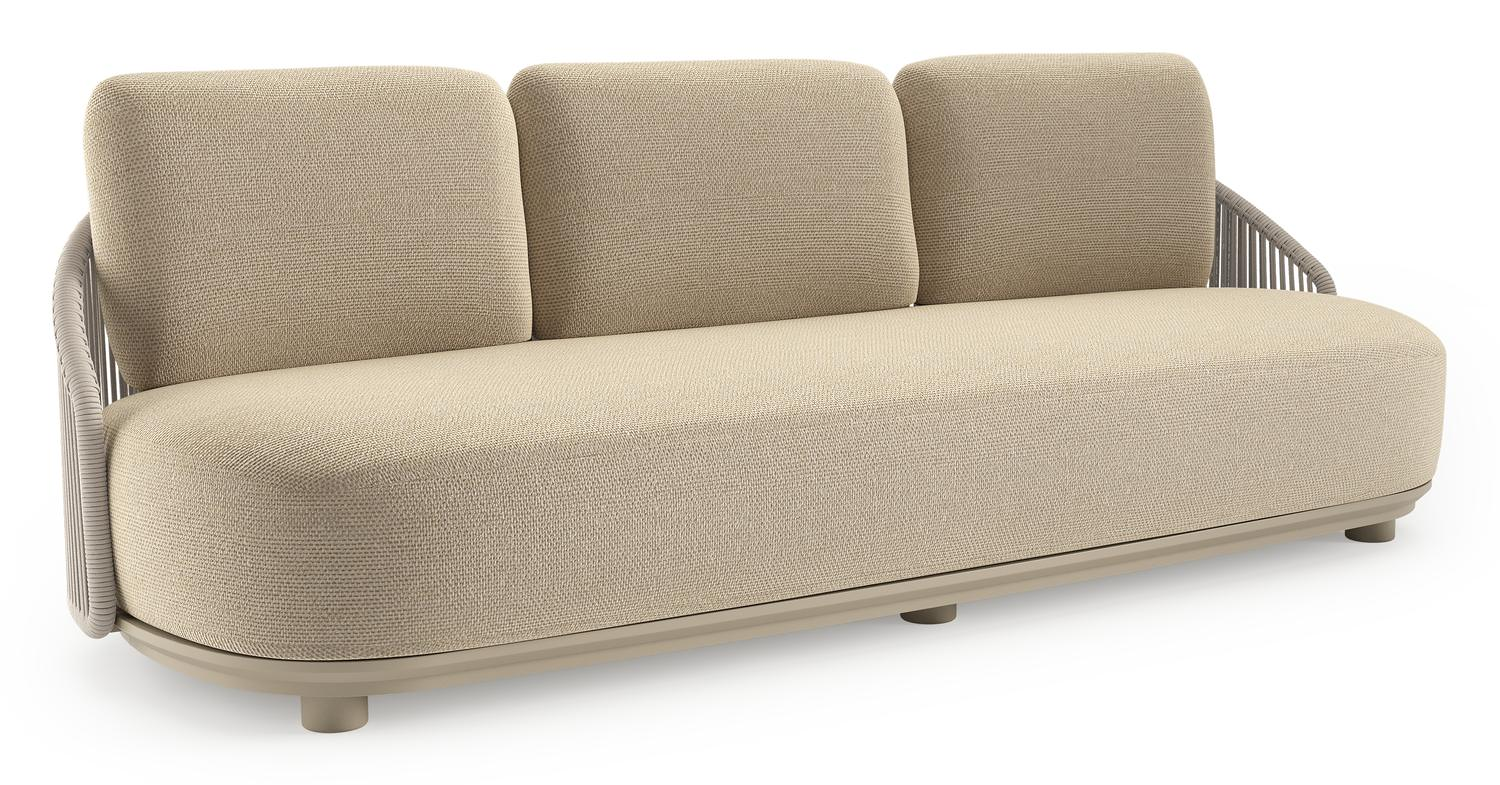 Canapé de jardin Vadelo en aluminium beige et corde ronde tissée verticalement beige et coussins en all weather cosytica althea camel