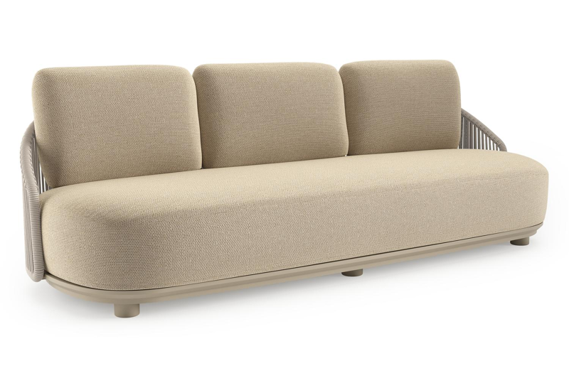 Vadelo loungebank in beige aluminium en beige verticaal geweven ronde rope met althea camel all weather cosytica kussen