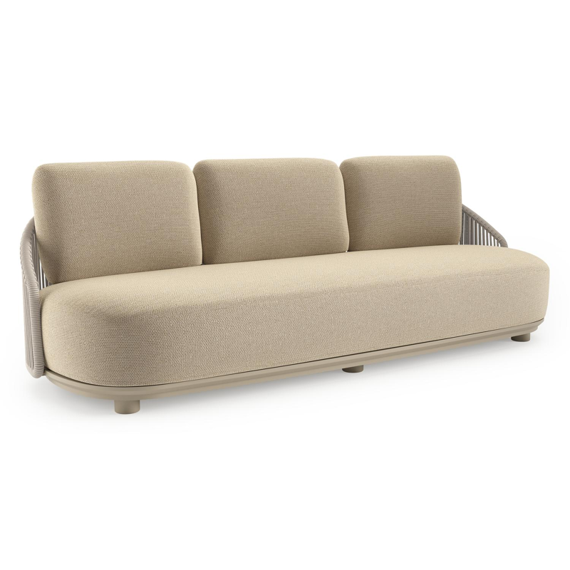 Canapé de jardin Vadelo en aluminium beige et corde ronde tissée verticalement beige et coussins en all weather cosytica althea camel