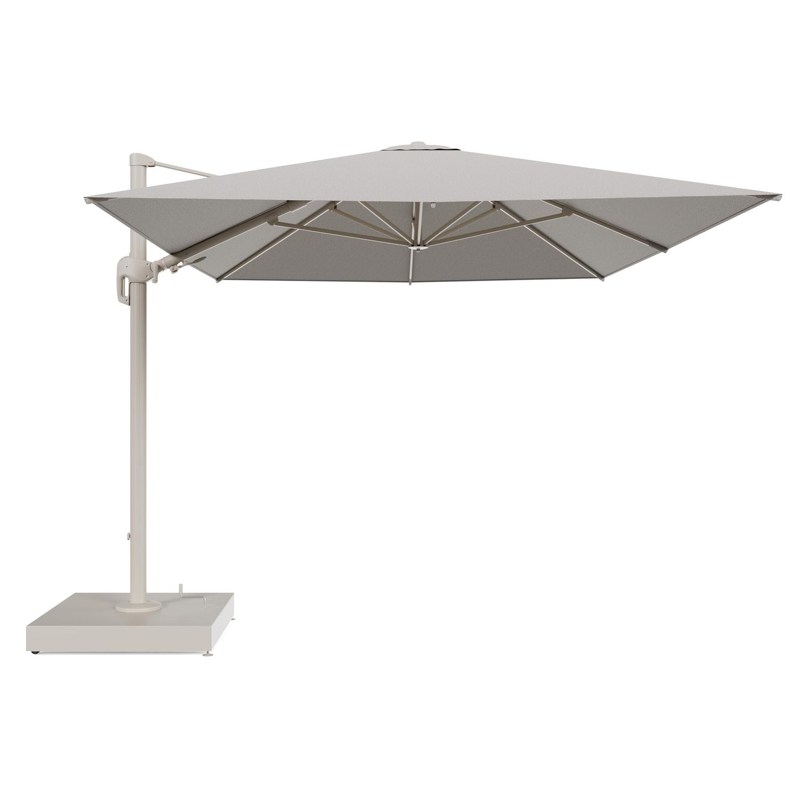 Rufina zweefparasol met tiltfunctie in beige aluminium en Firenze Sand All Weather Solica parasoldoek - L1 400 x L2 300 cm met parasolvoet Minore 260 kg met wielen