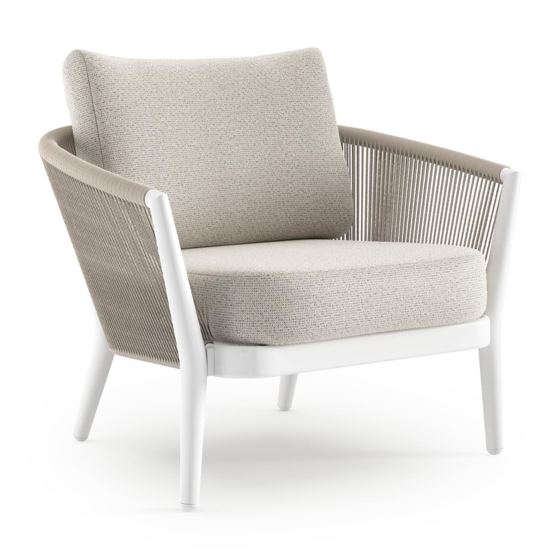 Fauteuil de jardin Orso en aluminium blanc en corde ronde tissée verticalement beige et coussins en all weather solica Firenze Natural