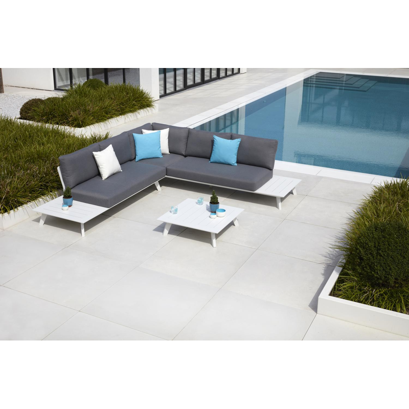 Puglia loungehoek in wit aluminium met grijs weather+ softtouch kussens en loungetafel