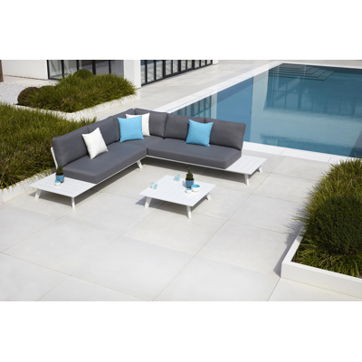 Salon de jardin d'angle Puglia en aluminium blanc avec coussins en weather+ softtouch gris