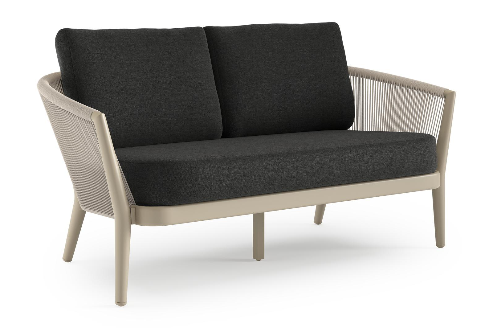 Canapé de jardin Orso en aluminium beige en corde ronde tissée verticalement beige et coussins en all weather sunbrella® luxe Chartres Sooty