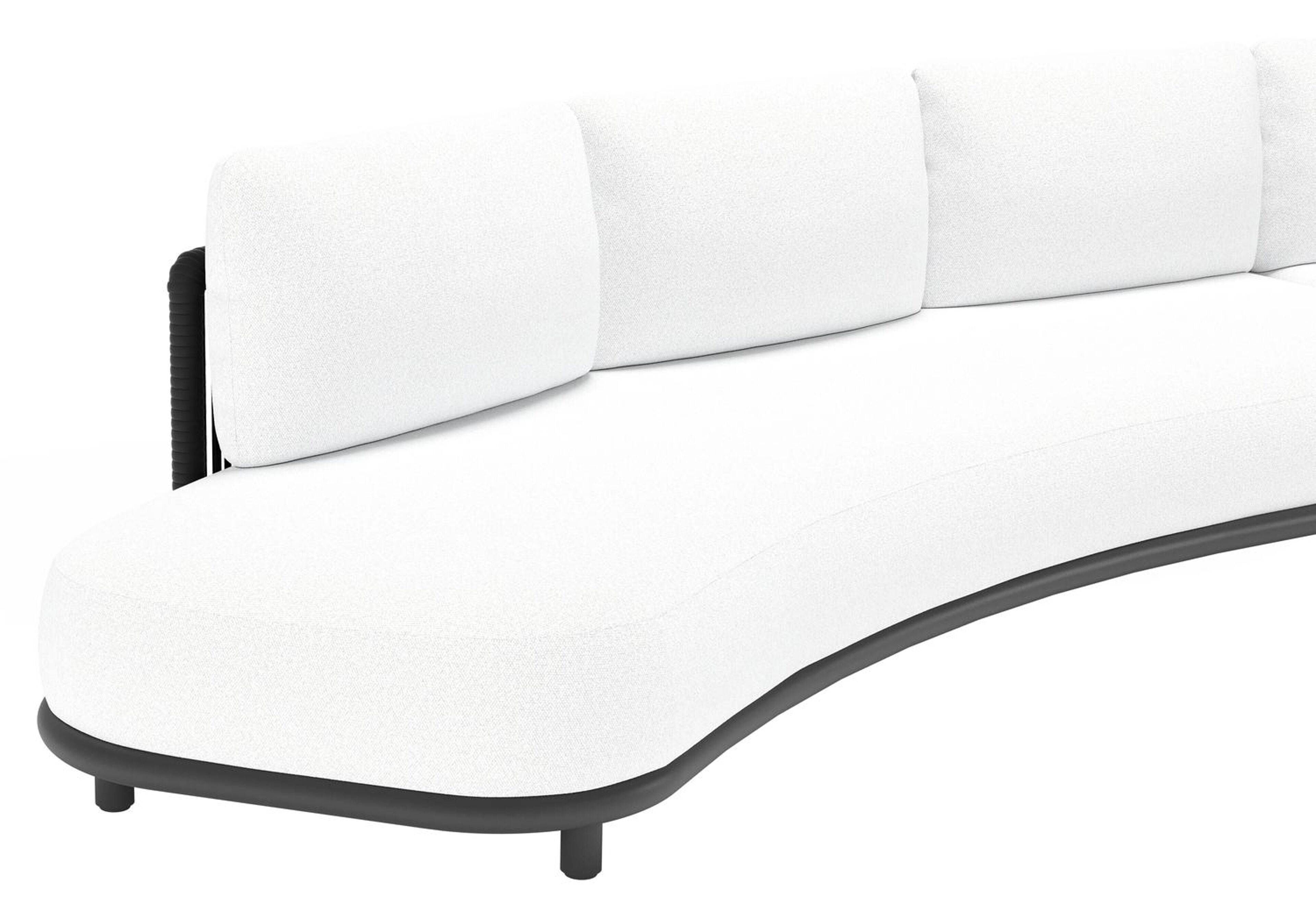 Lomano loungehoek in zwart aluminium en zwart verticaal geweven luxe vlakke rope met ego birch all weather solica kussen