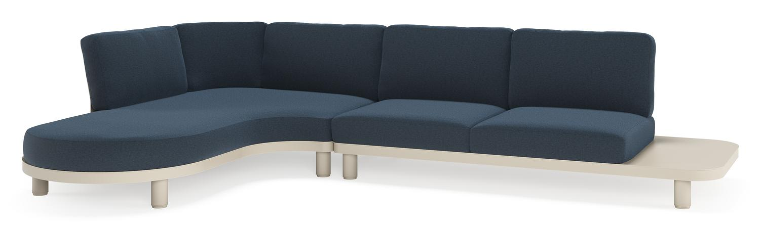 Salon de jardin d'angle Donato en aluminium beige et coussins en all weather sunbrella® luxe heritage indigo