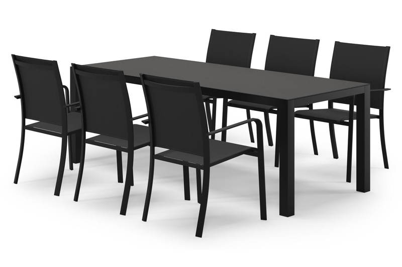Varese ensemble de jardin rectangulaire en aluminium noir en sintered stone notte minerale avec 6 chaises de jardin Calobra