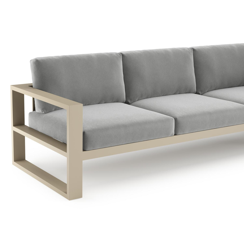 Verato loungehoek in beige aluminium met savane grey all weather sunbrella® luxe kussen