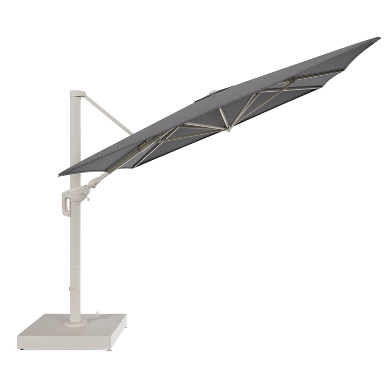 Minore zweefparasol met tiltfunctie in beige aluminium en Firenze Tunder All Weather Solica parasoldoek - L1 400 x L2 300 cm met parasolvoet Minore 260 kg met wielen