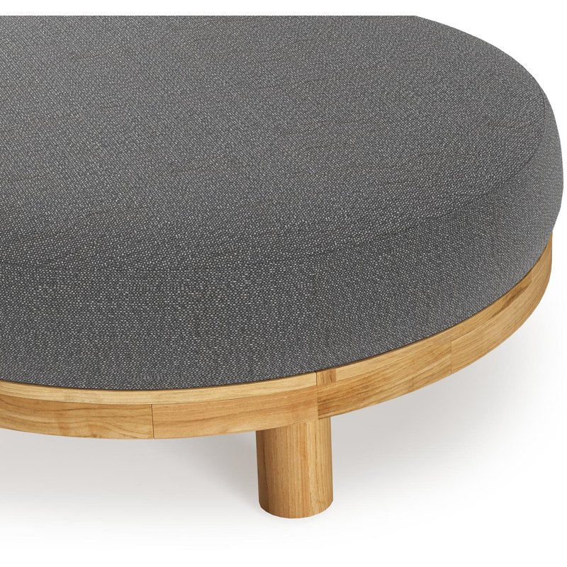 Salon de jardin pouf Donato en teck et corde ronde tissée verticalement beige et coussins en all weather sunbrella® luxe Savane Tornado