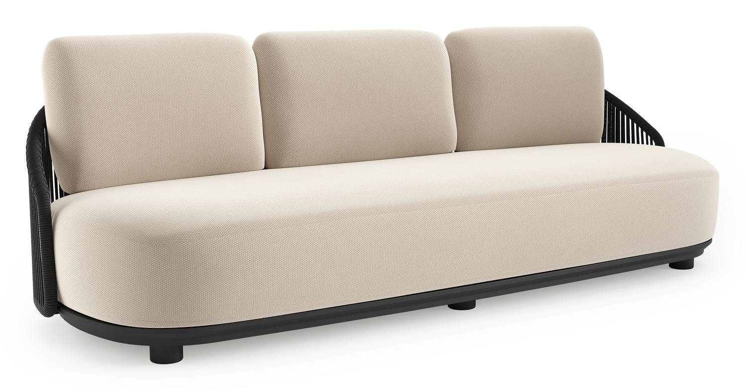 Vadelo loungebank in zwart aluminium en zwart verticaal geweven ronde rope met lopi antique all weather sunbrella® luxe kussen