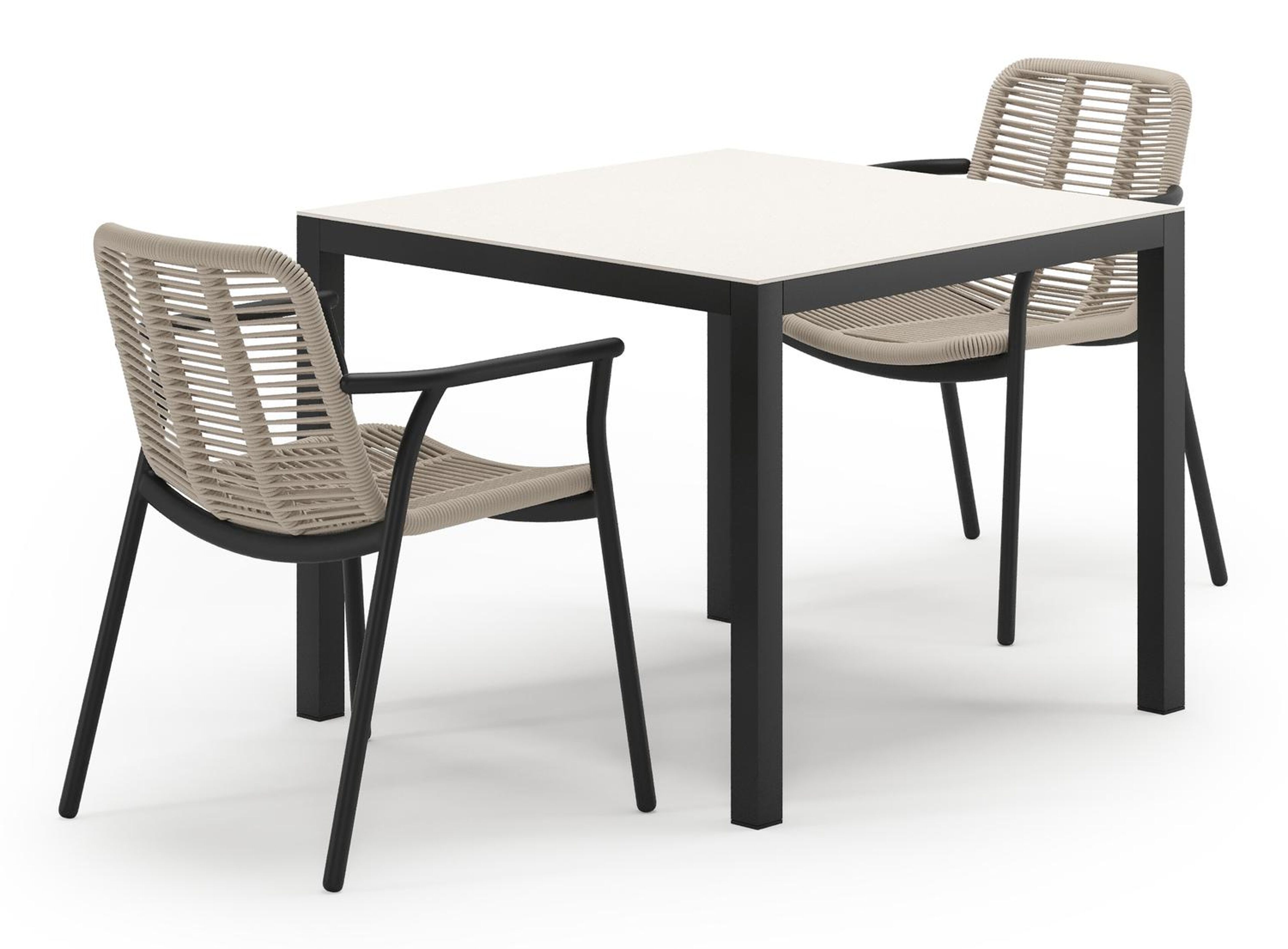 Feltro tuinset in zwart aluminium en crema minerale sintered stone met 2 stapelbare Berga tuinstoelen
